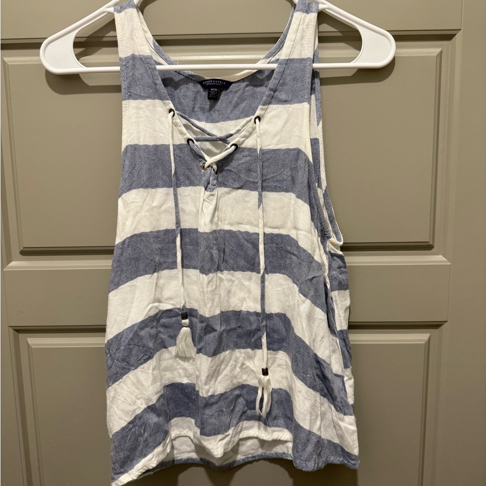 Aeropostale Blue and White Lace-Up Tank Top